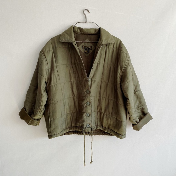 Vintage Jackets & Blazers - Vintage 90s Bogari Studio Army Green Oversized Silk Boxy Quilted Jacket Size M/L